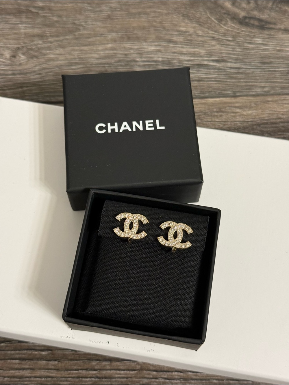 CHANEL Classic Gold Crystal CC Logo Stud Clip On Earrings